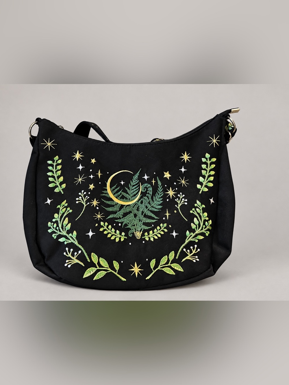 Embroidered Crescent & Fern Black Shoulder Bag